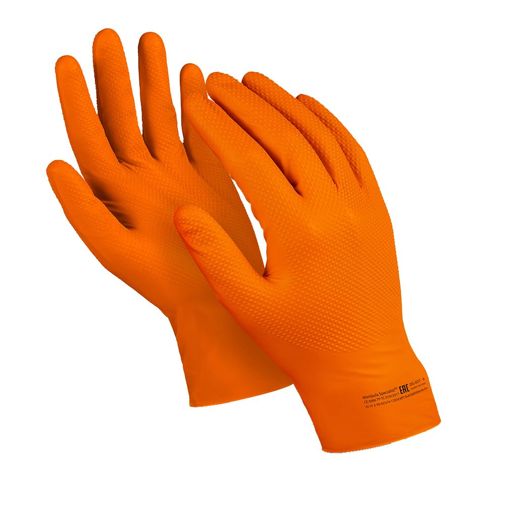 MANIPULA PROTECT Orange Nitrile Diamond Grip Gloves Extra Strong Thick Powder & Latex Free Multi-Purpose Mechanic Cleaning Resistant to household Сhemicals of 50 (1000, 10 / XL)