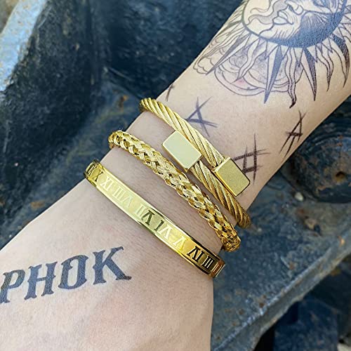 Maocen Men Gold Bracelets Stainless Steel Roman Numerals Cuff Bangle Jewelry (Gold 1Set-B) #TOP4