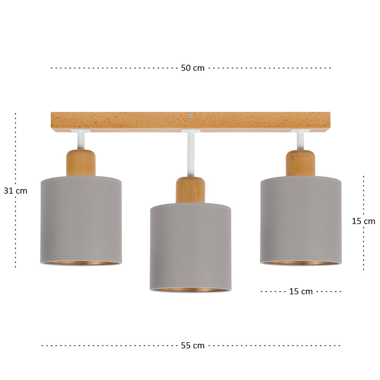 Deckenlampe Lampe 3 Flammig Deckenleuchte Massivholz E27 LED Geeignet Wohnzimmer Schlafzimmer Küche CL-WE50x7BU-GR Grau