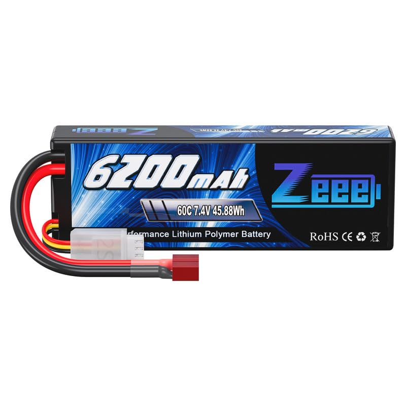 Zeee 2S Lipo Battery 6200mAh 7.4V 60C Hardcase with T Connector for RC Vehicles Car Truck Truggy Boat(1 Pack)