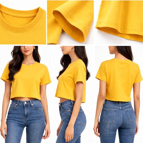 Image of Hangout Hub Women Crop Top T-Shirts | Round Neck Plain Solid Tshirts | Double Weaved | Shrink Free Tees | Casual T-Shirt for Woman Ladies Girls(Cotton|Pack of 3)