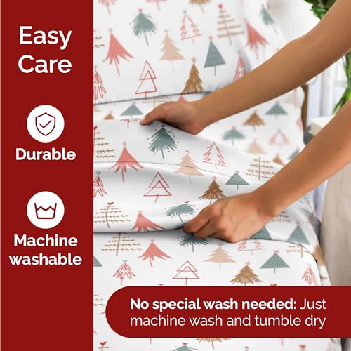 Twin XL Christmas Tree Sheet Set - Holiday Xmas Pattern Bedding Set - Deep Pockets - Snug Fit - 3 Piece - Wrinkle Free - Comfy & Cooling Festive Winter - Holiday Sheets for Women, Men, Kids & Teens