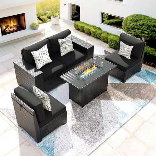 VONZOY 5 Piece Patio Furniture Set with Fire Pit Table, Outdoor Sectional Conversation Sets Black Wicker Rattan Sectional Sofa for Patio Garden Backyard, 4'' Thickened Cushion Black