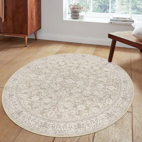 Cream Beige White Grey 5' Round Rug Washable Rug for Entryway Soft Non-Slip Area Rugs Distressed Floral Low-Pile Carpet, Neutral Vintage Circle Rugs for Living Room Dining Bedroom Foyer