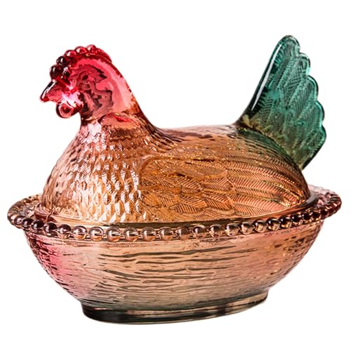 Discus de bonbons en verre au poulet, 6,9 pouces de bonbons décoratifs avec couvercle, petits bonbons en forme de poule vintage, assiette de dessert, bol à...