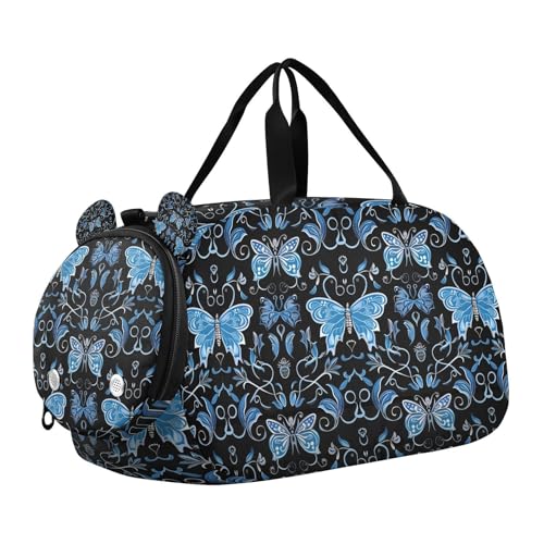 Travel Duffle Bag for Kids Boys Girls Blue Butterfly Butterflies Black Sports Bag Overnighter Duffle Sleepover Weekender with Shoes Compartment