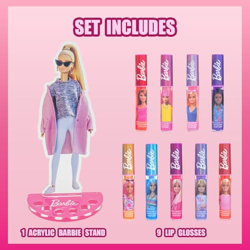 Townley Girl’s Barbie 11-teiliger Lipgloss pflanzlicher feuchtigkeitsspendender Acryl Halter, geeignet für Mädchen, Kinder und alle