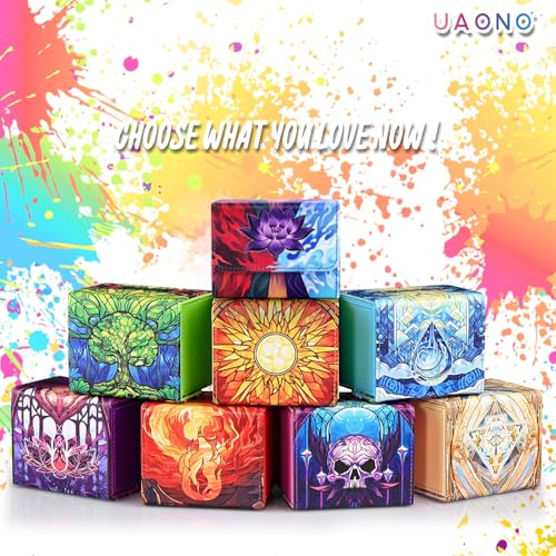 UAONO Card Deck Box for MTG, Trading Cards Storage Box Holds 120+ Sleeved Commander Deck, PU Leather Card Box Suits TCG Magic with 2 Dividers (Black,Lotus)