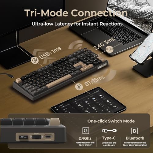 Image of RK ROYAL KLUDGE R98 Pro Wireless Mechanical Keyboard, Creamy Bluetooth /2.4GHz /Wired RGB Gaming Keyboard with Number Pad and Knob, MDA Profile PBT Keycaps, Gasket Hot Swappable Linear Switch, Black
