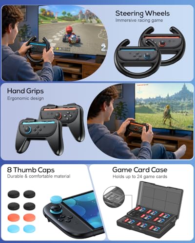 Image of Switch 2 Accessories and Pro Style Controllers, [Charge Inside]Case Bundle for Nintendo Switch 2 Console,FYOUNG 23 IN 1 Kit:Carrying Case,Protective Shell,Grip for Joycon,Steering Wheel for Mario Kart