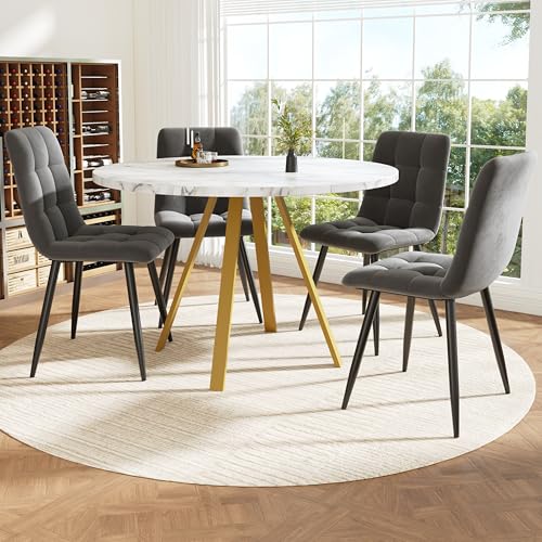 DUlVBPE Juego de mesa de comedor (5 piezas), mesa de comedor redonda, 80 × 80 × 75 cm, mesa de comedor redonda para 4 personas, sillas de terciopelo (incluye mesa de mármol blanco), sillas de comedor