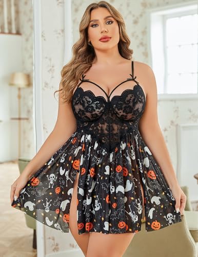 Image of Avidlove Plus Size Lingerie Lace Babydoll Womens Strap Chemise Nightgown V Neck Nighty Mesh Sleepwear Side Slit Nightdress