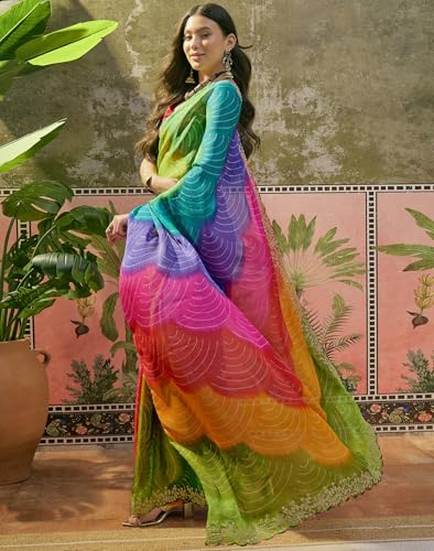 Image of SIRIL Women's Chiffon Scalloped Border Sequins Embroidery Saree with Unstitched Blouse Piece