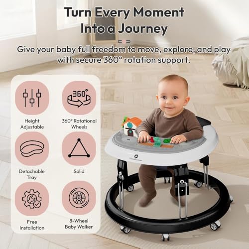 Image of StarAndDaisy Walker for Kids 6 to 24 Months /Baby Walker Boys & Girls with 360 Rotational Wheels, Toy tray & Padded Seat /Foldable Walker for Kids for 1 Year with Adjustable Height (Black With toy tray)