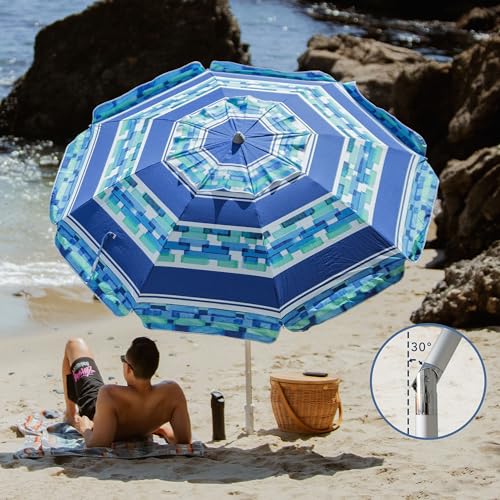 Image of AMMSUN 7ft Heavy Duty Windproof Portable Beach Umbrella with Sand Anchor Vent Adjustable Height with Tilt Aluminum Pole, Portable UV 50+ Protection Carry Bag for Patio Garden Beach Pool Backyard