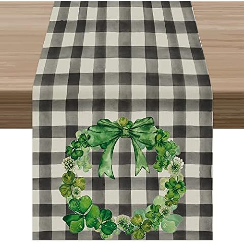 Celepaty White Buffalo Plaid Shamrock Lucky Wreath Bow Tie St. Patrick's Day Table Runner, 13 x 72 Inch Spring Seasonal Holiday Kitchen Dining Table Décor for Indoor Outdoor Cover