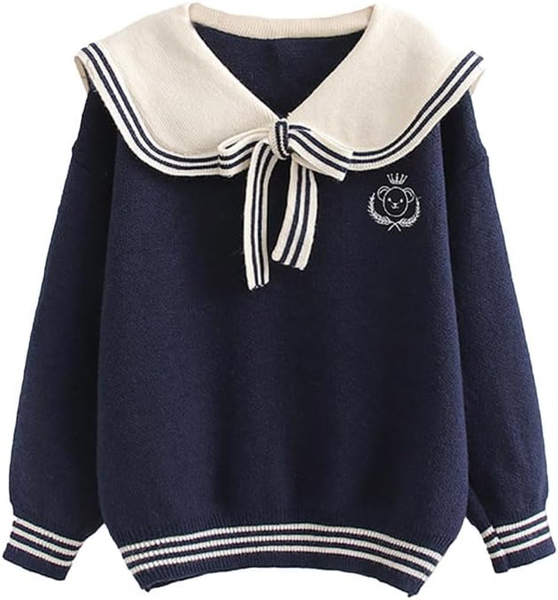 BAIMORE Teen Girls Kawaii Japanese Sailor Collar Cartoon Bear Embroidery Long Sleeve Knit Sweater