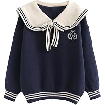 BAIMORE Teen Girls Kawaii Japanese Sailor Collar Cartoon Bear Embroidery Long Sleeve Knit Sweater