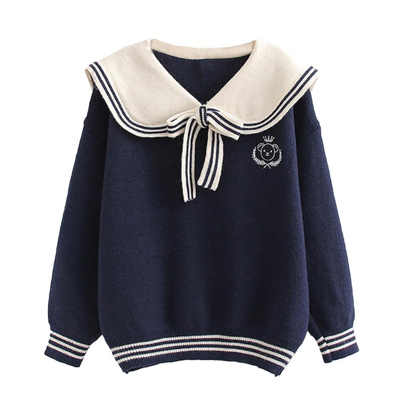 BAIMORE Teen Girls Kawaii Japanese Sailor Collar Cartoon Bear Embroidery Long Sleeve Knit Sweater