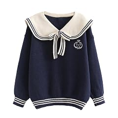BAIMORE Teen Girls Kawaii Japanese Sailor Collar Cartoon Bear Embroidery Long Sleeve Knit Sweater