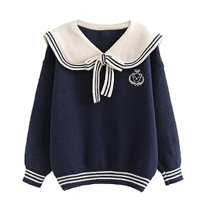 BAIMORE Teen Girls Kawaii Japanese Sailor Collar Cartoon Bear Embroidery Long Sleeve Knit Sweater