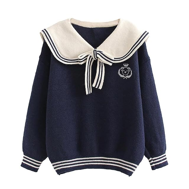 BAIMORE Teen Girls Kawaii Japanese Sailor Collar Cartoon Bear Embroidery Long Sleeve Knit Sweater