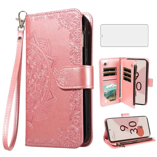 Coque Google Pixel 6 avec protège-écran et étui portefeuille à rabat or rose pour homme et femme