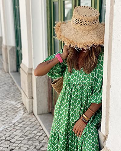 Image of miduo Womens Loose Fit Casual Summer V Neck Half Sleeve Bohemian Geometric Pattern Maxi Long Dresses