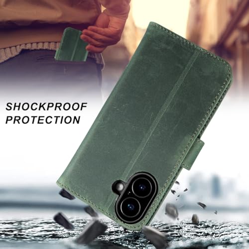 Coque iPhone 17 en cuir véritable LENSUN étui à rabat vert rétro - 5