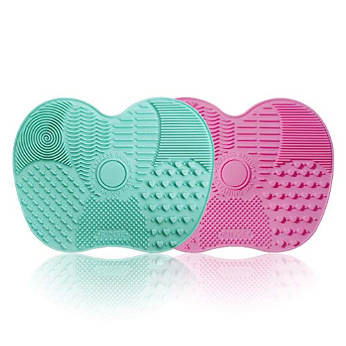 Makeup Brush Cleaning Mat, Silicone Makeup Brush Cleaner, Makeup Brush Cleaning Pad and Scrubber with Suction Cup, Portable Washing Tool for Makeup Brushes, 2 Packs(Pink&Green)
