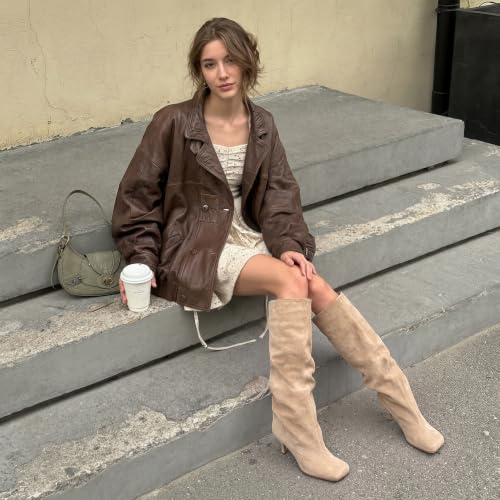 Image of DOBOYG Knee High Suede Boots for Women Wide Calf Square Toe Tall Boots | Stiletto High Heels Pull On Fashion Long Booties