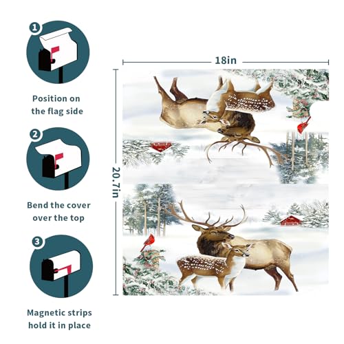 Image of Winter Deer Mailbox Cover Magnetic- Christmas Reindeer Moose Elk Mailbox Wrap- Standard Size 21x18 Inch Waterproof Letter Post Cover for Garden Yard Outdoor Farmhouse Decor