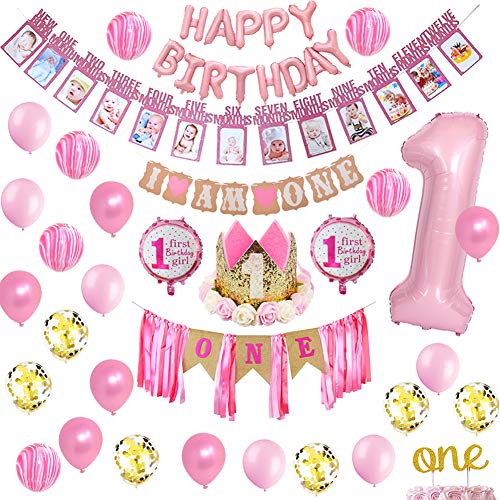 1st Birthday Girl Decorations Pink Party Supplies - Happy First Birthday Banner, Number