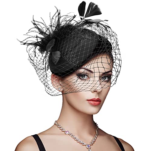 Image of DRESHOW Fascinators Hat Feather Headband Women's Fascinators Tea Party Headwear with Clip Flower Head Band for Girls & Women
