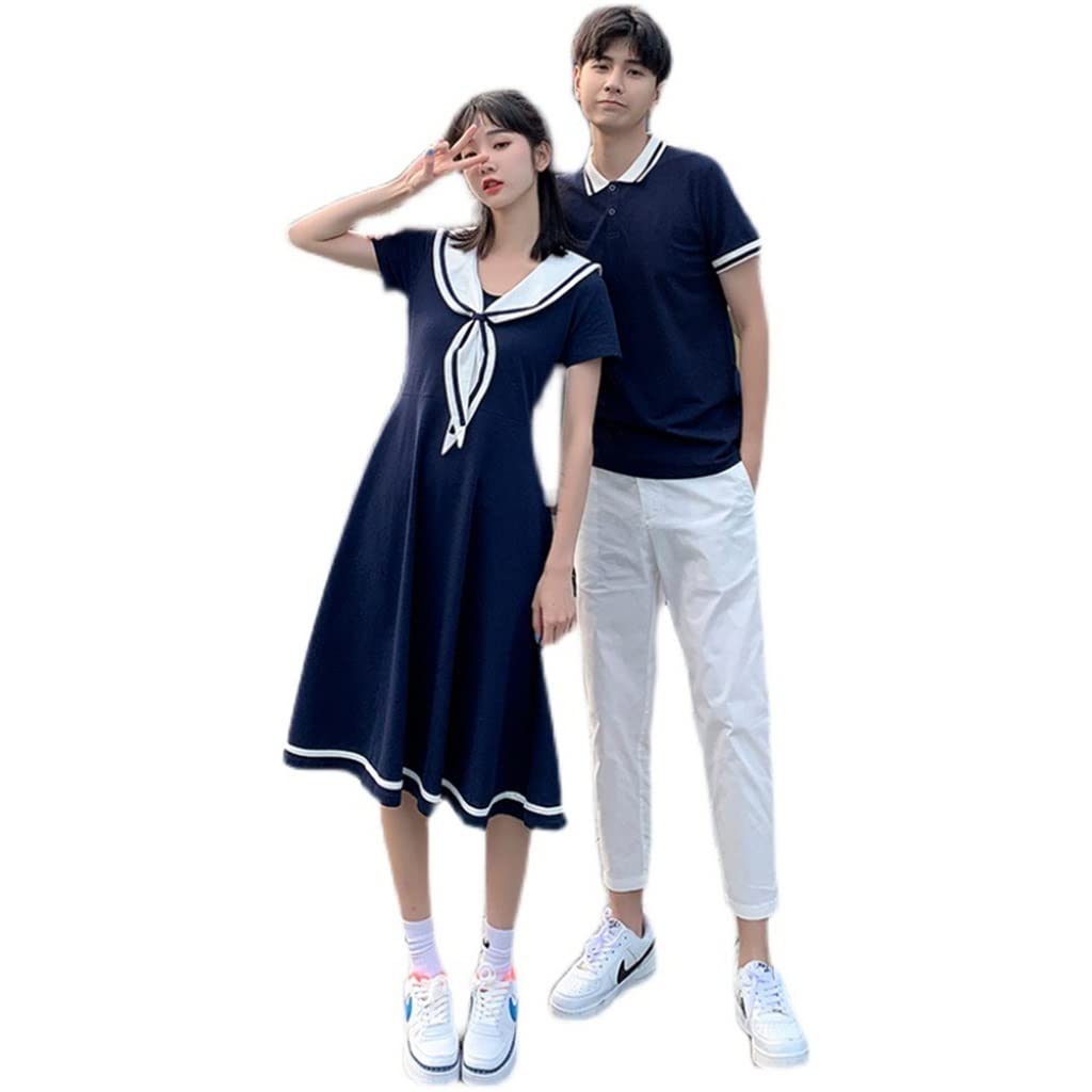 KDOQCouple Matching Clothes College School Lovers Sailor Dress T-shirts Men  Women Summer Blue Outfit Wear Set (Color Blue, Size Woman XL code)