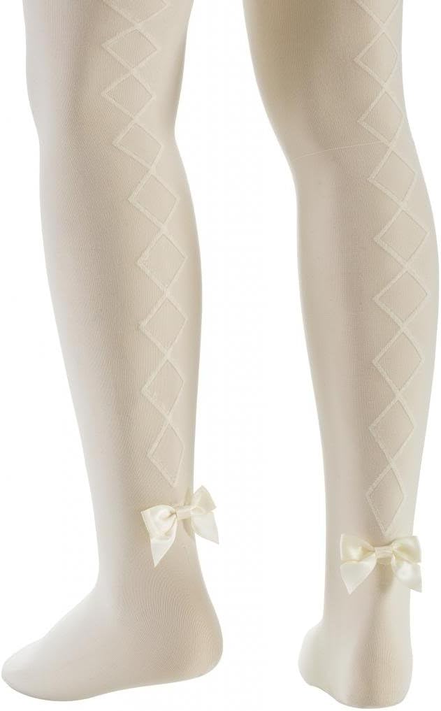 Serlei Kids Girls Microfiber Hold & Stretch Argyle Footed Tights with Bow Detail - Ivory (Size 12-14)