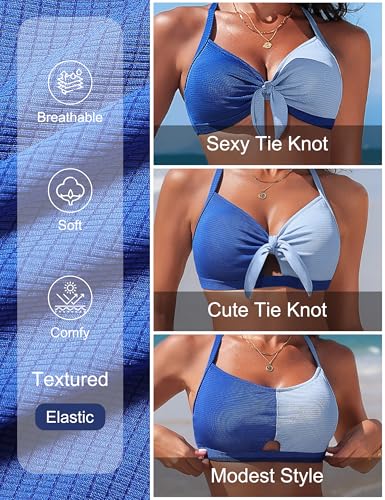 Image of Blooming Jelly Womens High Waisted Bikini Sets Tie Knot Tummy Control Swimsuits Two Piece Bathing Suit Textured Swimwear