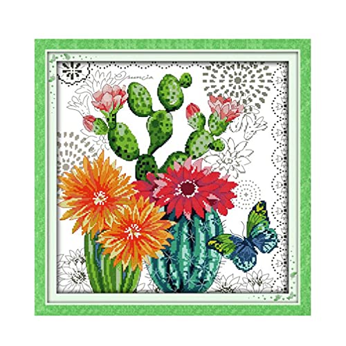 Image of CaptainCrafts Cross Stitch Kits, New Counted Kit Unprinted 14CT Fabric Cross Stitching DIY Art DMC Needlecrafts Embroidery Kit for Adults Beginner (White, Ball Cactus Flower)