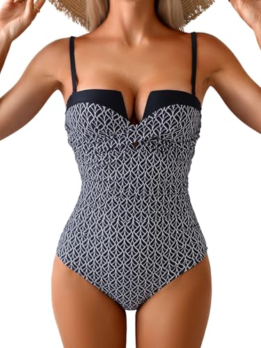 Image of Eomenie Women's Push Up Wrap Front Swimsuit One Piece Tummy Control Bathing Suits Bandeau Support Slimming Swimwear, Black White Printed, S