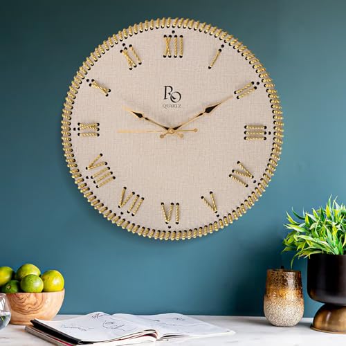 Image of Wooden Round Shape Roman Dial Wall Clock with Gold Zari Rope Detailing and Golden Hands | Silent Quartz Movement Anti Reflection Analog Vintage Clock for Home & Office (Ivory, 15.5 Inch)