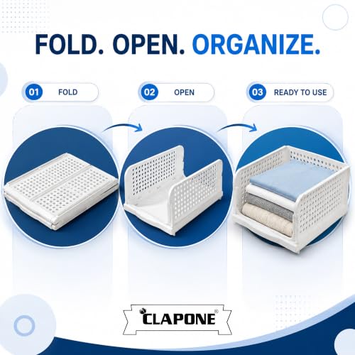 Image of CLAPONE Set of 3 Large Foldable Cloth Storage Organizer /Stackable Wardrobe Organizer for Clothes /Multipurpose Sliding Basket /Rack Organiser for Storage /Shirt Stacker Box (44 x 33 x 18.5 cm, White)