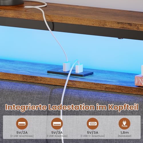 AOGLLATI Polsterbett 140x200 mit Ladestation Bett 140X200 mit LED-Beleuchtung,Bettgestell mit Lattenrost Metallbett Jugendbett mit Kopfteil aus Leinenstoff (140×200cm)