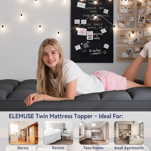 Image of ELEMUSE Twin Grey Mattress Topper, Thick Pillow Top Mattress Pad | Overfilled down alternative filling adds plush comfort. Deep pocket design fits twin beds for small spaces and guest rooms.