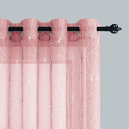 Silver Glitter Dimaond Foil Print Pattern Blush Pink Semi Sheer Curtains 63 Inch Length for Girls Bedroom Set 2 Panels Baby Shower Backdrops Faux Linen Voile Drapes for Nursery Grommet Top 52x63 Long
