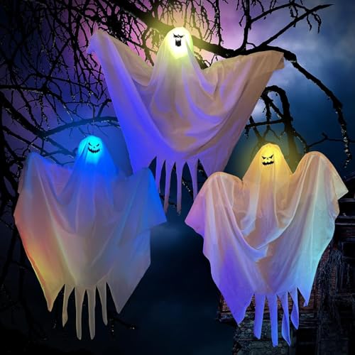 3 Pezzi Fantasma Appesi, Fantasma da Appendere per Halloween, Decorazione LED Spaventosa, Bianchi, per Giardino, Cortile