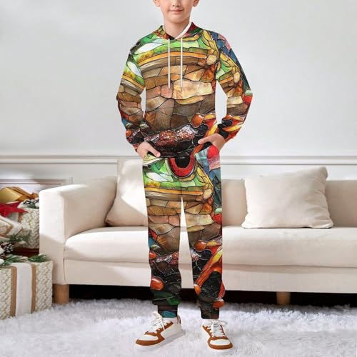 Boys Girls Sweatshirt Set Kid 2 Piece Pullover Hoodie Jogger Sweatpants, Frog Stained Glass Art3