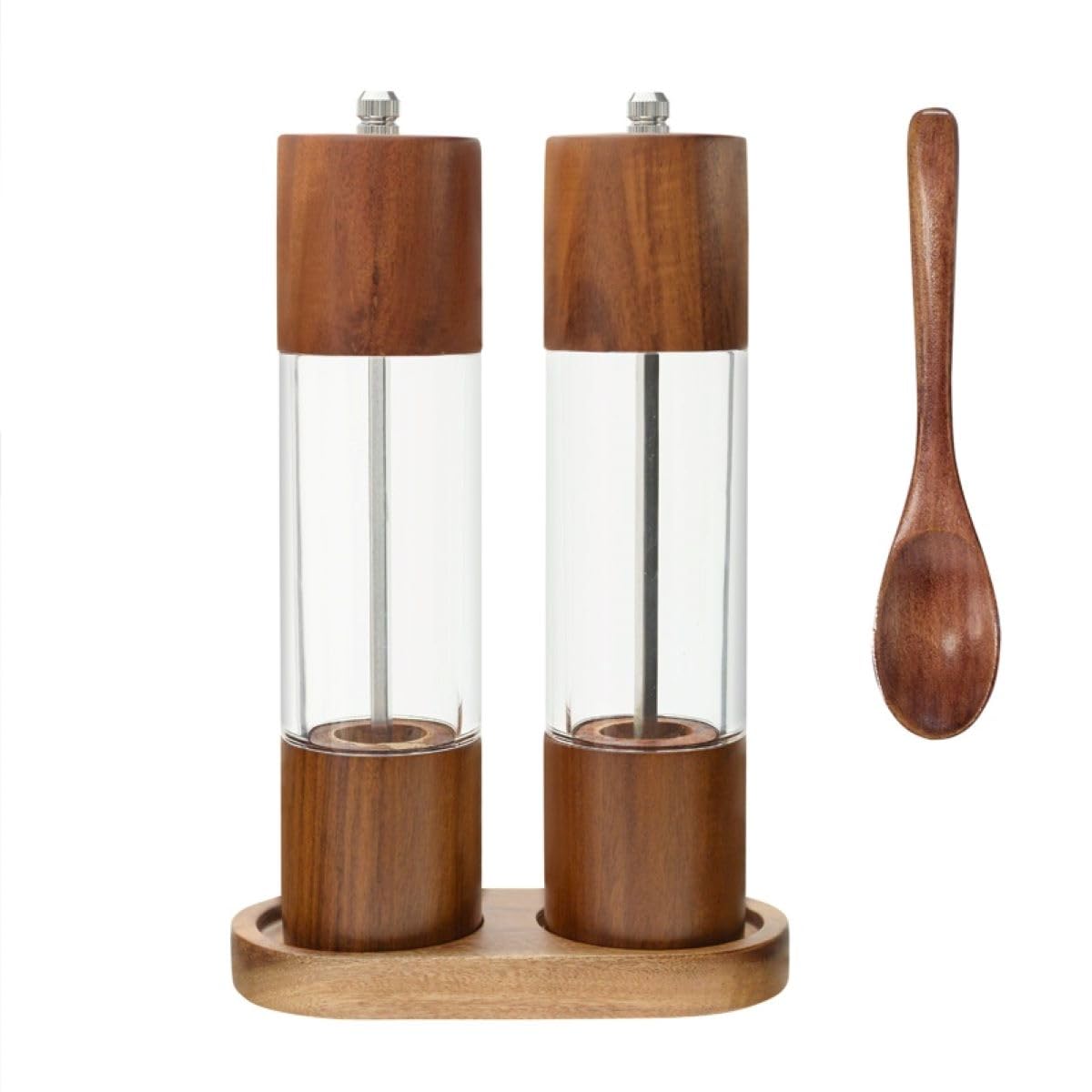 GenieX PRINCE Wooden Salt & Pepper Grinders Set - Acacia Wood, 8 Inch, With Tray, Adjustable Coarseness - View #3