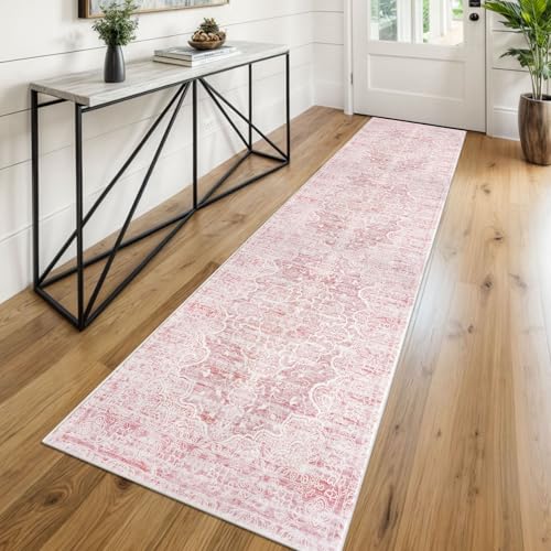 KUTA Vintage Washable Runner Rug, 2x8 Pink Runners for Hallways Non-Slip Floral Kitchen Rugs Ultra Soft Printed Distressed Tribal Floor Carpet for Bedroom Living Room Nursery Playroom
