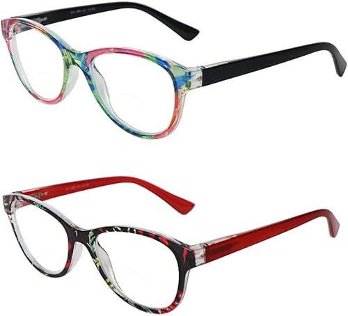 Hyyiyun 2 pares de lentes de lectura bifocales para mujer, bisagra de resorte Cateye de diseñador de lentes transparentes de color con estuche