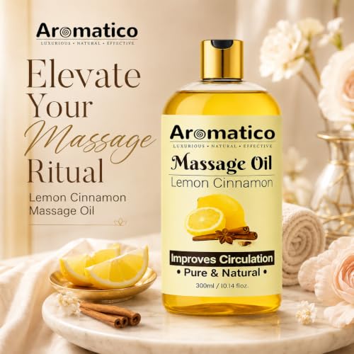 Image of AROMATICO Lemon & Cinnamon Warm Massage Oil - Ideal for Hot Oil Massage | Body Massage Oil with Almond & Jojoba for Full Body Relaxation | 300ml